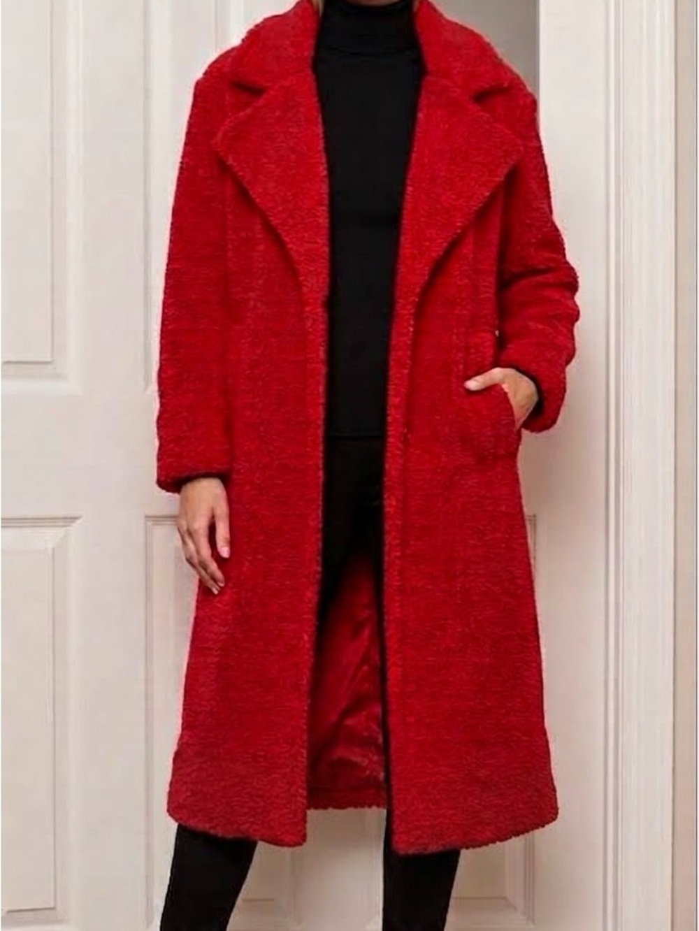 FCT With Love Teddy Bear Sherpa Open Front Side Pockets Coat Red Midi 1X